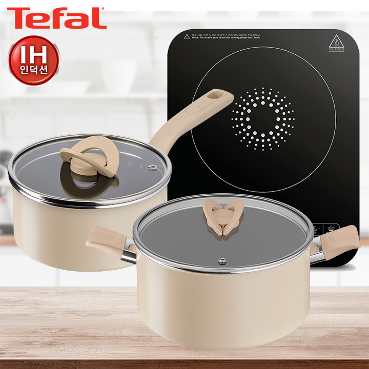 [테팔] 스피디 1구 인덕션레인지+인덕션 블라썸 베이지 편수냄비18cm+양수냄비24cm