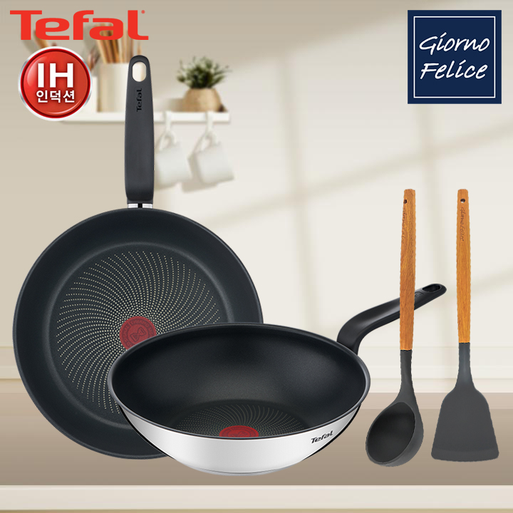 인덕션 SS G6 프리즘 프라이팬 2P 세트(팬28+웍28)+GF 우드 핸들 실리콘 뒤집개+국자 TFC-IP8WSSTSLD